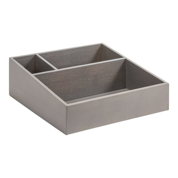 A grey wooden rectangular box with three compartments.
