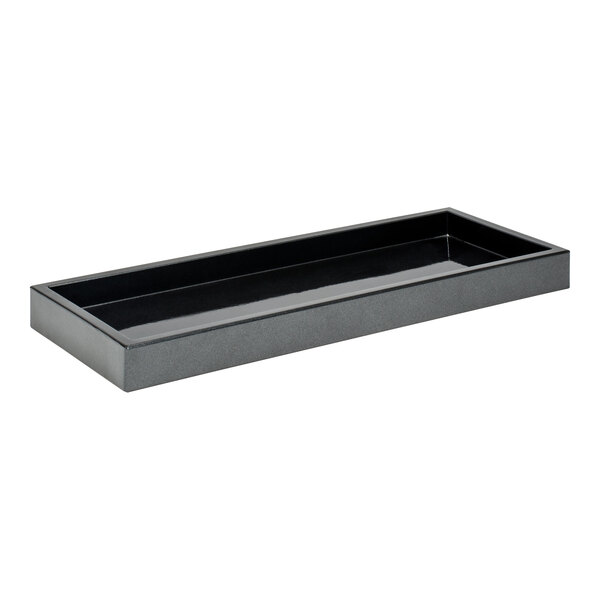 A black rectangular Room360 Onyx amenity tray with black handles.