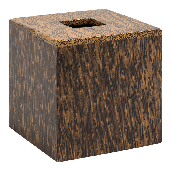 A Room360 palm wood square tissue box cover with a black and brown pattern.