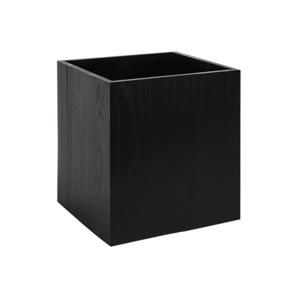 A black square bamboo wastebasket with a lid.