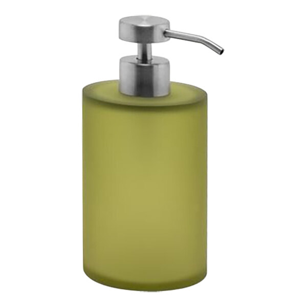 A green Room360 soap dispenser with a brushed stainless pump.