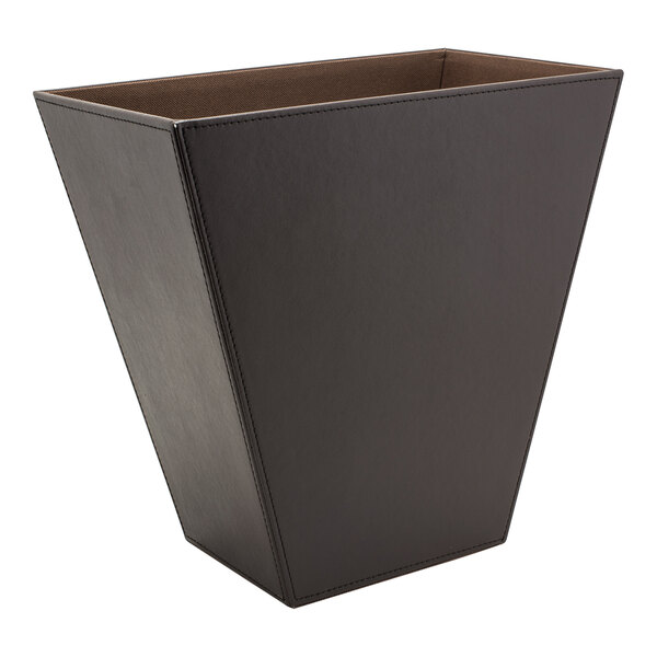 A black rectangular Room360 London faux leather wastebasket with a brown inside.