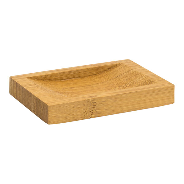 A Room360 Bali bamboo rectangular soap dish with a square edge.