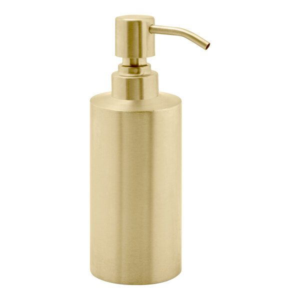 A Room360 Tokyo matte brass soap dispenser with a matte brass top and pump.