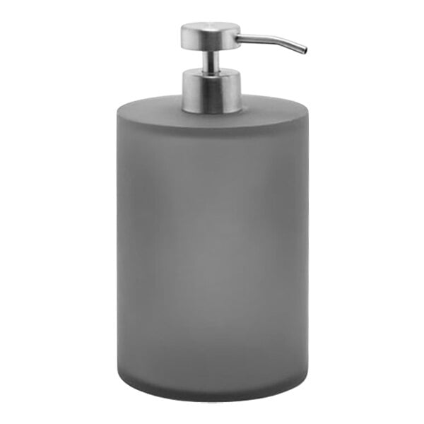 A grey rectangular Room360 soap dispenser with a low-profile brushed stainless pump top.