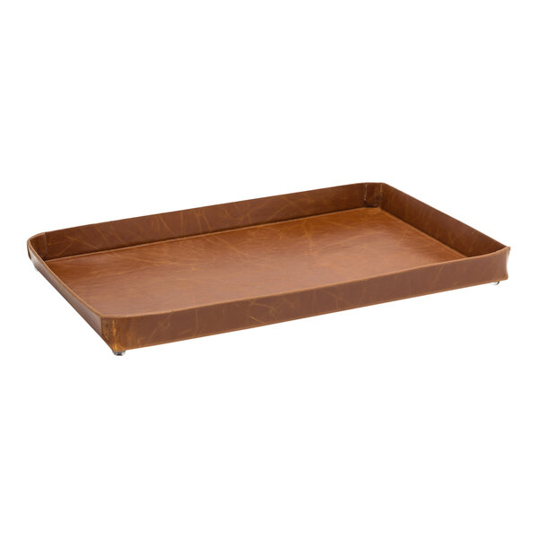 A brown rectangular Room360 faux leather service tray with handles.