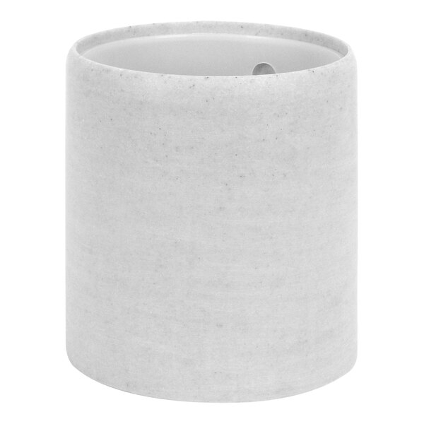 A cement gray resin cylinder wastebasket.
