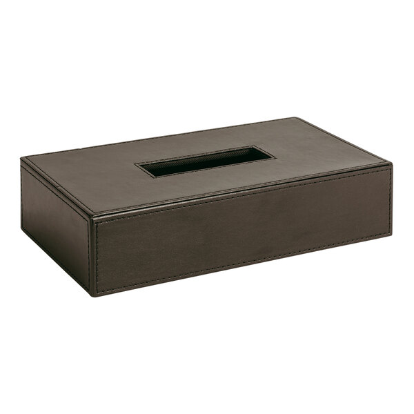 A brown faux leather rectangular tissue box cover with a hole in it.