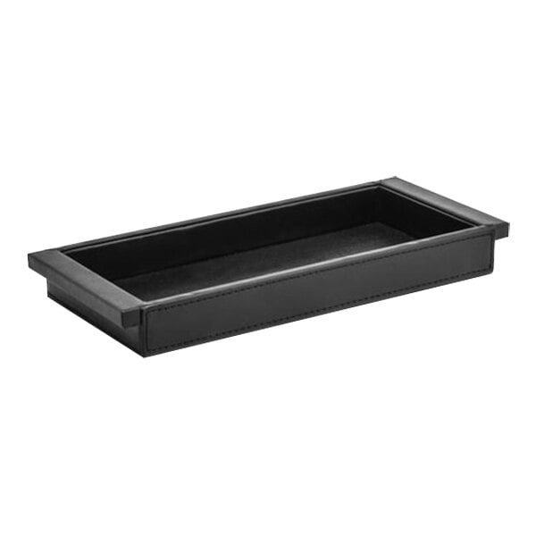 A black rectangular Room360 London amenity tray with black faux leather on top and a handle.