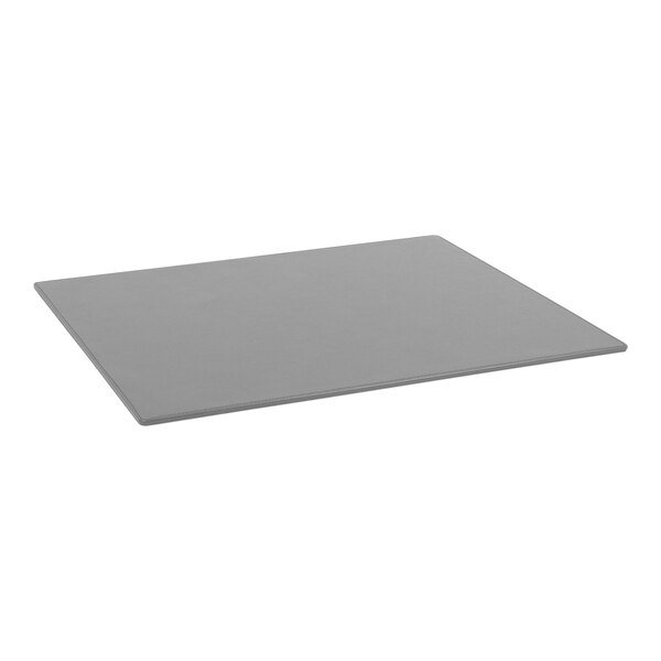 A close-up of a grey rectangular Room360 London desk pad on a white surface.