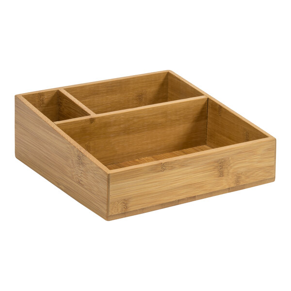 A Room360 natural bamboo box with three compartments and a divider.
