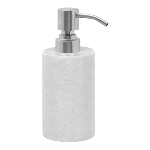 A cement gray soap dispenser with a brushed stainless pump top.