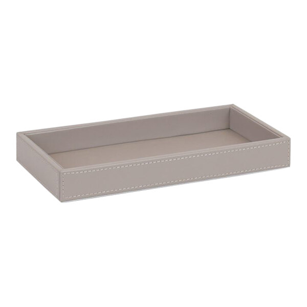 A white rectangular amenity tray with stone faux leather stitching.