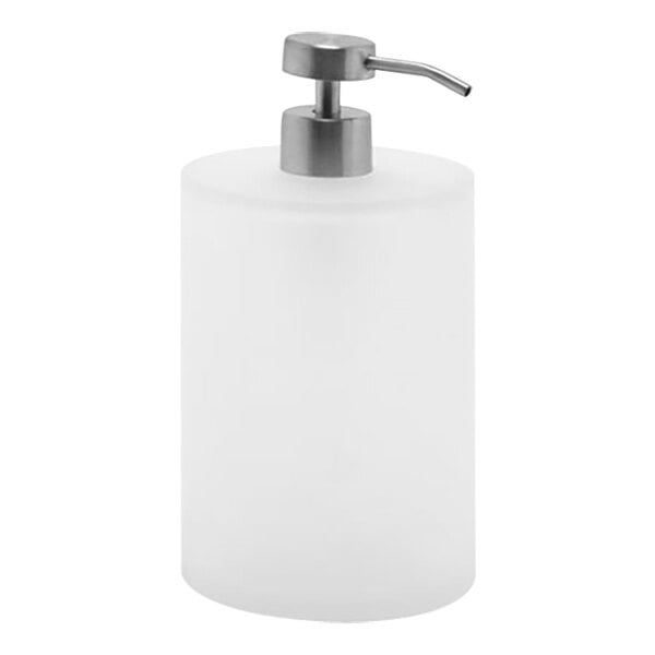 A white Room360 Nassau ice soap dispenser with a brushed stainless pump top.