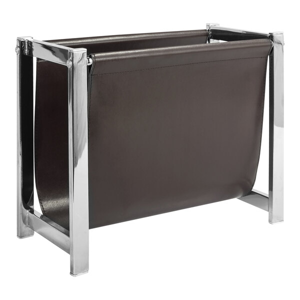 A brown faux leather and metal magazine rack by Room360.