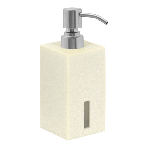 A white Room360 stone soap dispenser with a brushed stainless pump top.