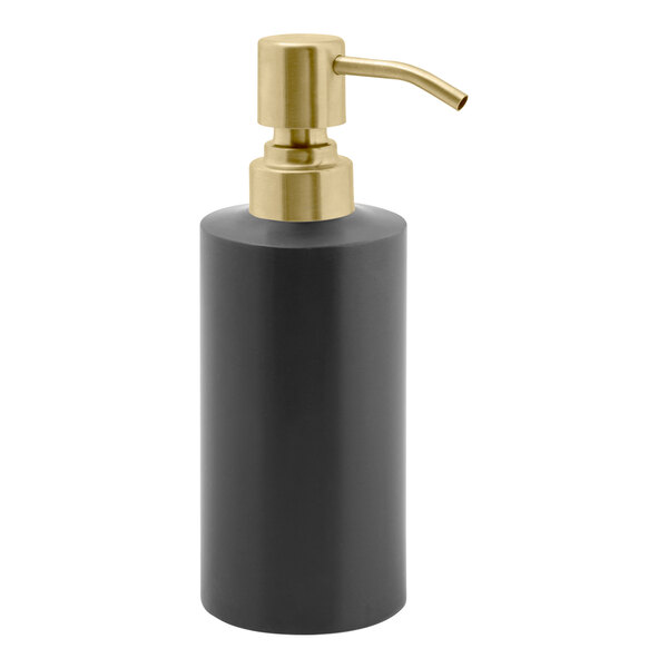 A black cylindrical stainless steel soap dispenser with a matte brass pump.