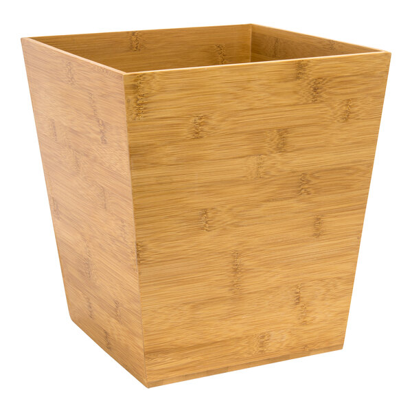 A Room360 natural bamboo wastebasket with a square top.
