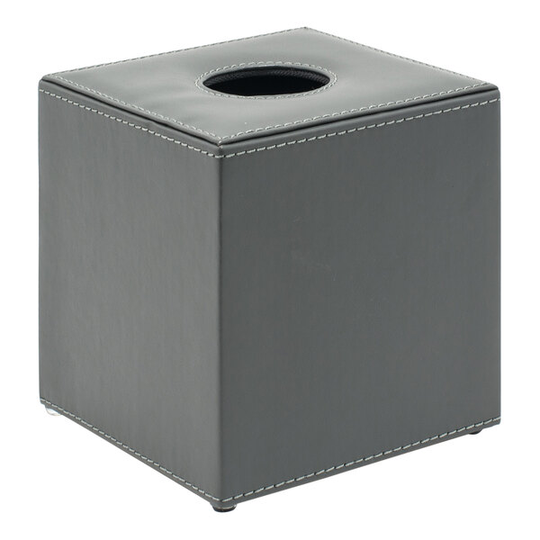 A gray square faux leather tissue box cover with a hole in the center.