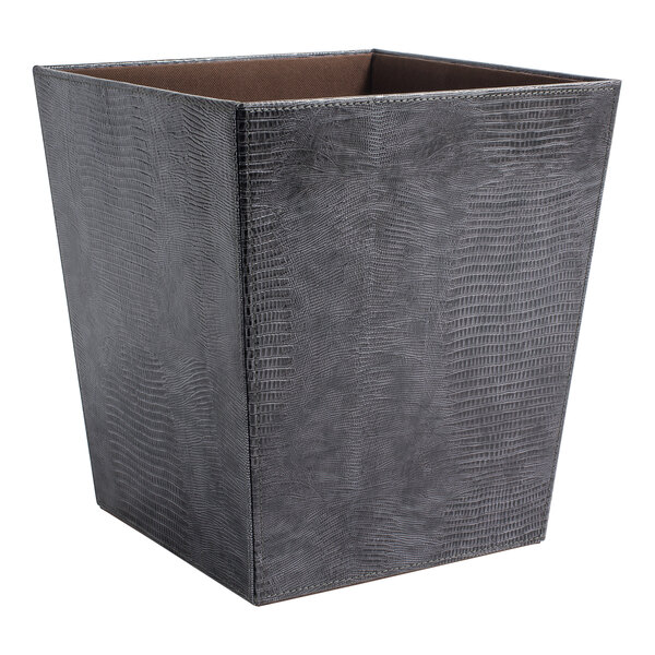 A black and grey Room360 square wastebasket with a brown lid.