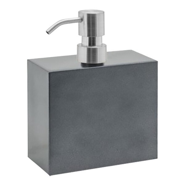 A grey square Room360 New York Onyx soap dispenser with a metal pump.
