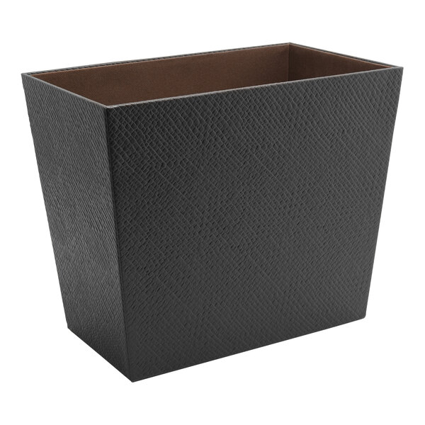 A black rectangular Room360 faux pandan recycling wastebasket with a brown lid.