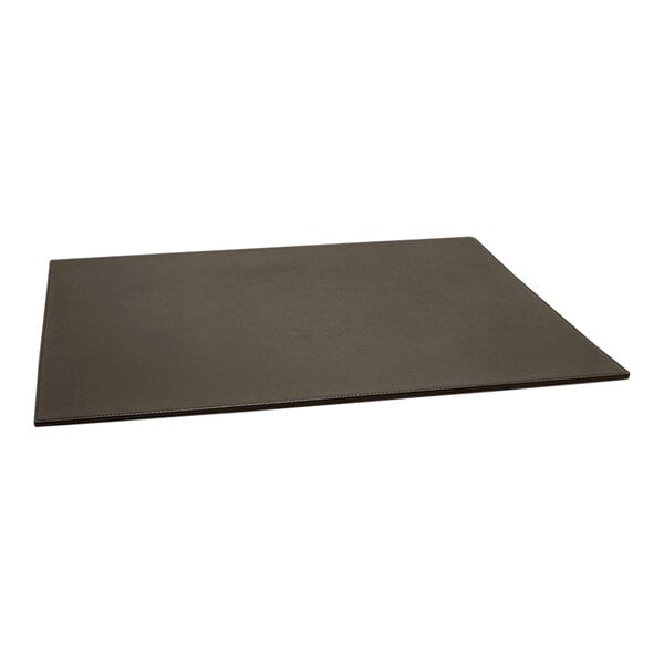 A brown faux leather Room360 desk pad on a table.