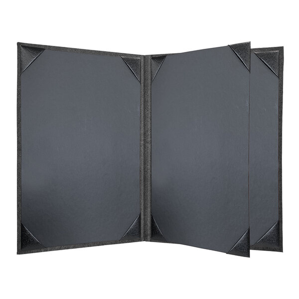 A grey rectangular menu cover with black corners and a black border.