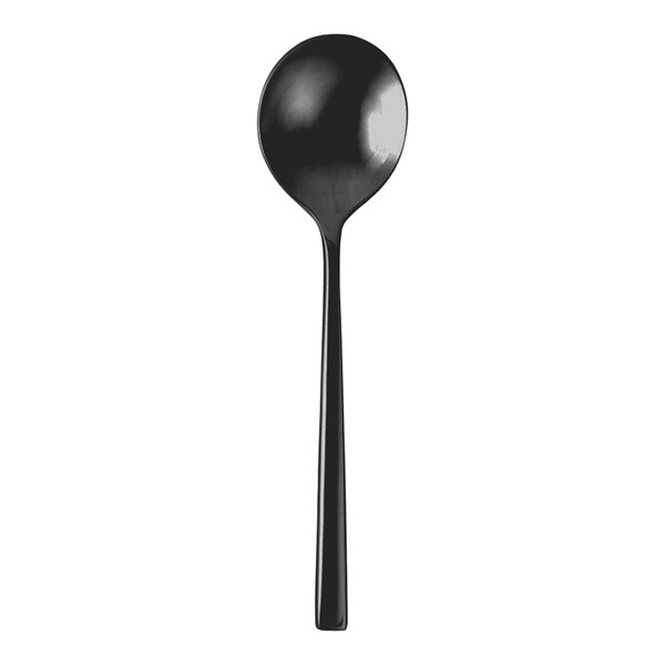 A Fortessa Arezzo brushed black stainless steel bouillon spoon with a long handle.