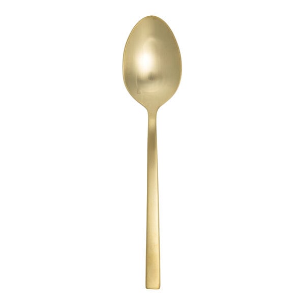 A Fortessa Arezzo brushed gold stainless steel serving spoon with a long handle.