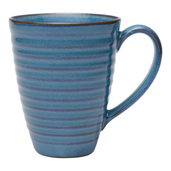 A blue Libbey terracotta mug with a handle and stripe design.