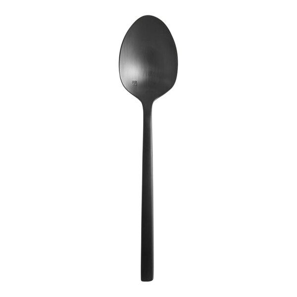 A Fortessa Arezzo brushed black stainless steel spoon with a long oval handle.