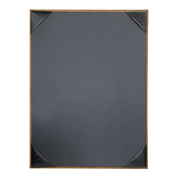 A black menu cover with a black ribbon in the corner and a black frame.