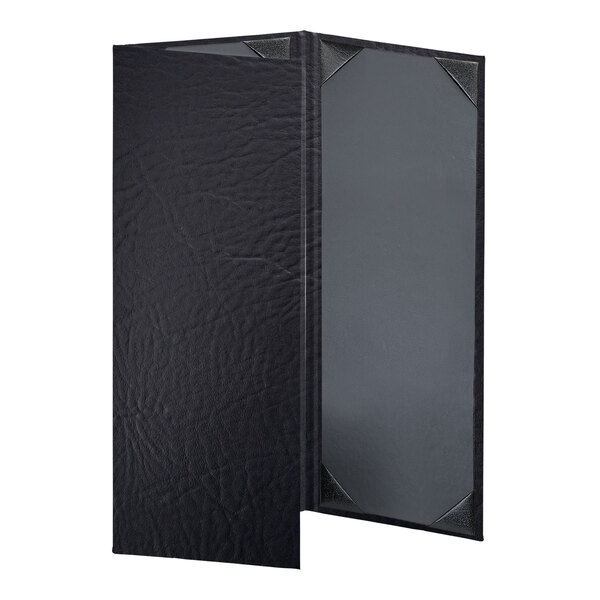 A black leather menu cover with black binding and a black border.
