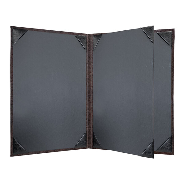 A brown leather menu cover with black corners and four views.
