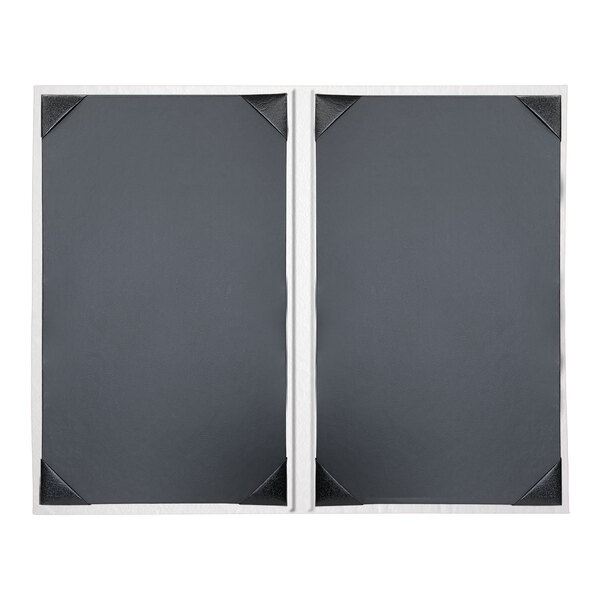 Two rectangular white menu covers with black trim and a white border.