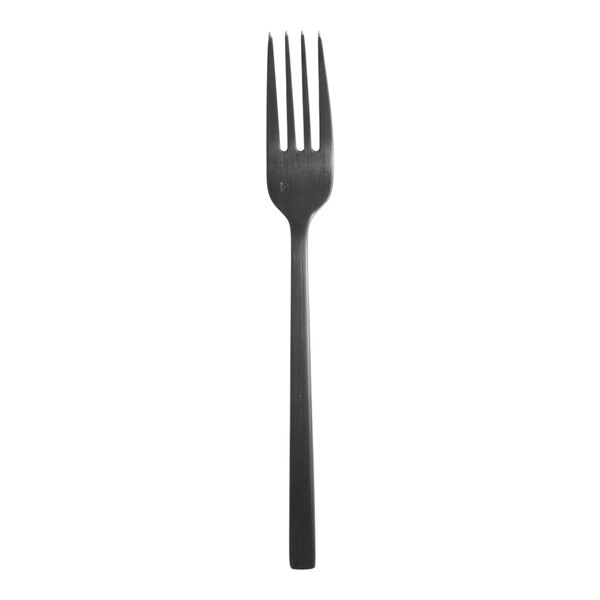 A close-up of a Fortessa stainless steel table fork with a black handle.