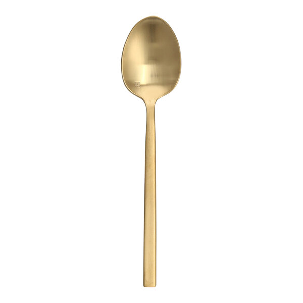 A Fortessa Arezzo brushed gold stainless steel oval spoon with a long handle.