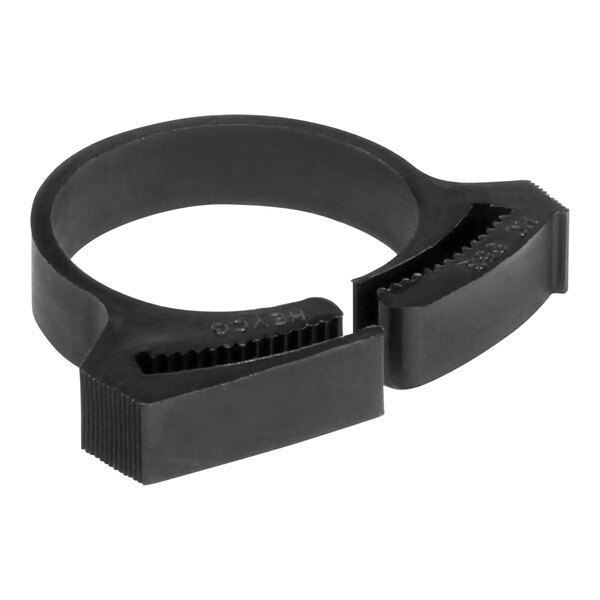 A black plastic Hatco nylon hose clamp with two holes.