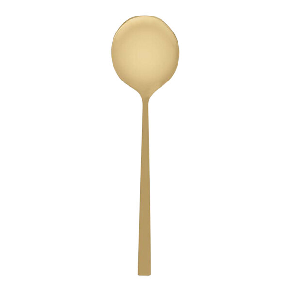 A Fortessa Arezzo brushed gold stainless steel bouillon spoon with a long handle.