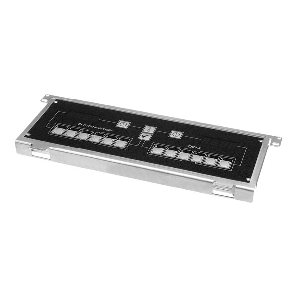 A black and silver rectangular electronic control assembly with buttons.