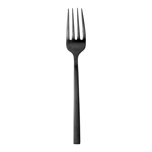 A Fortessa Arezzo stainless steel serving fork with a black handle.
