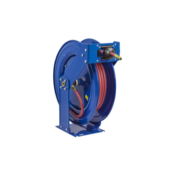 A blue Coxreels T Series truck mount hose reel with a red hose attached.