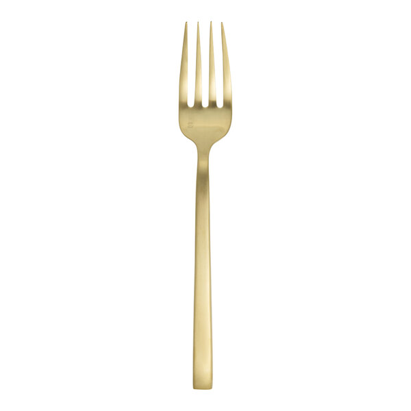 A close up of a Fortessa Arezzo brushed gold stainless steel serving fork.