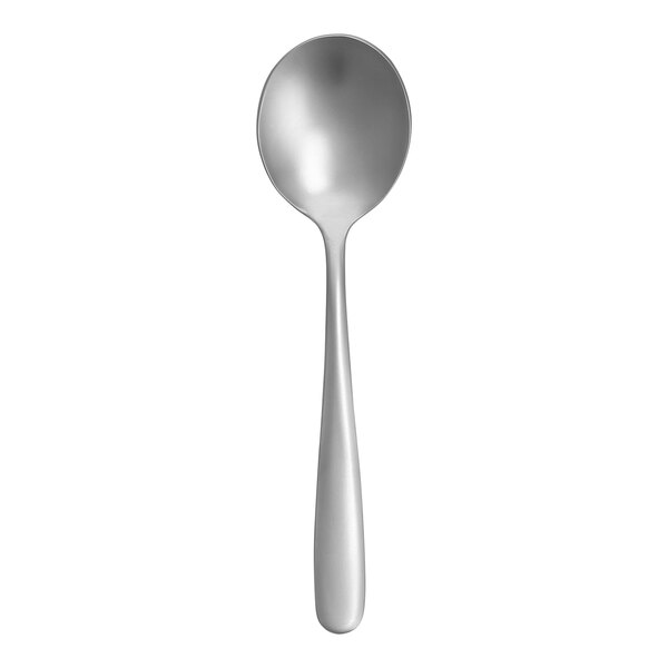 A close-up of a Fortessa Grand City stainless steel bouillon spoon with a silver handle.