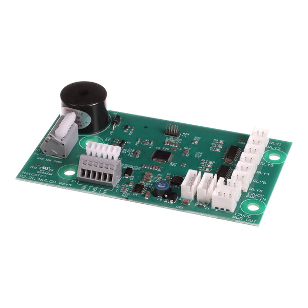 A green Hatco temperature control circuit board with white and black components.
