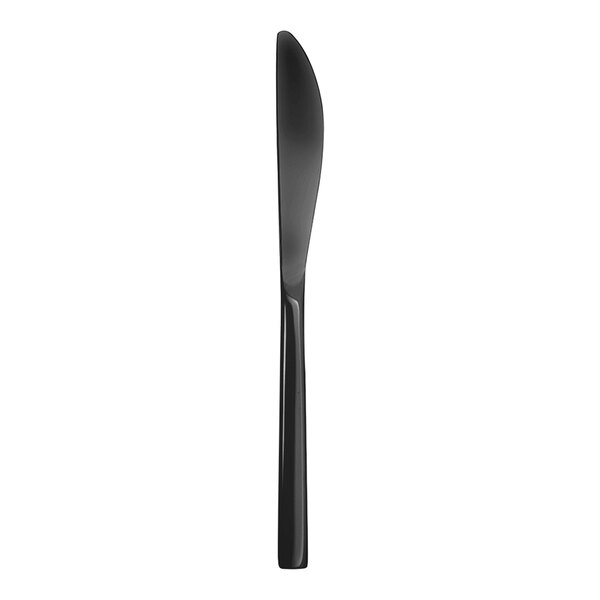 A Fortessa Arezzo brushed black stainless steel dessert knife with a long handle.