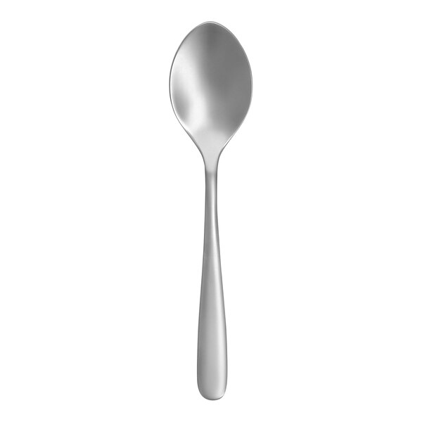 A close-up of a Fortessa Grand City stainless steel oval soup/dessert spoon with a sand blasted silver handle.