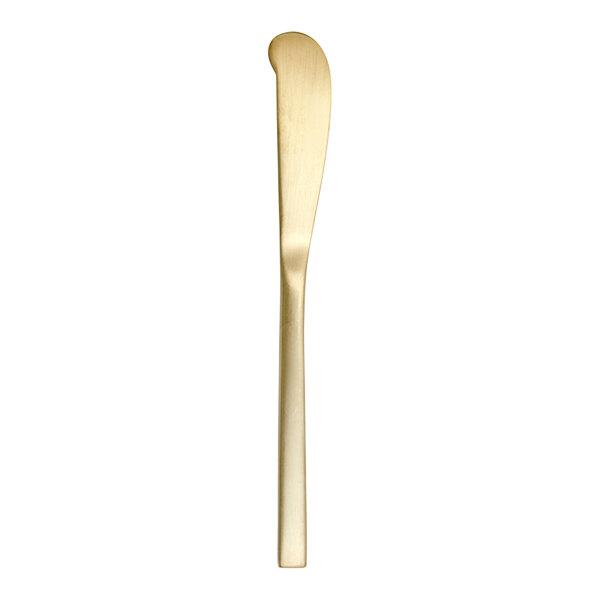 A close up of a Fortessa Arezzo brushed gold stainless steel butter knife with a tube handle.