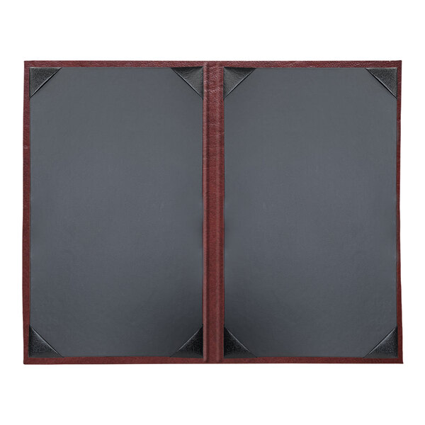 A grey rectangular menu cover with a red edge and black pages.